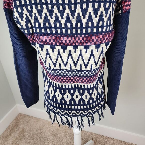 FLYING TOMATO WOMEN'S SOUTH WEST FRINGED BLUE AND CORAL SWEATER SIZE SMALL - Picture 6 of 8